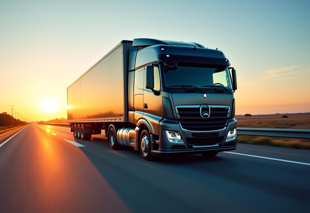 Modern freight truck on highway at sunrise representing reliability
