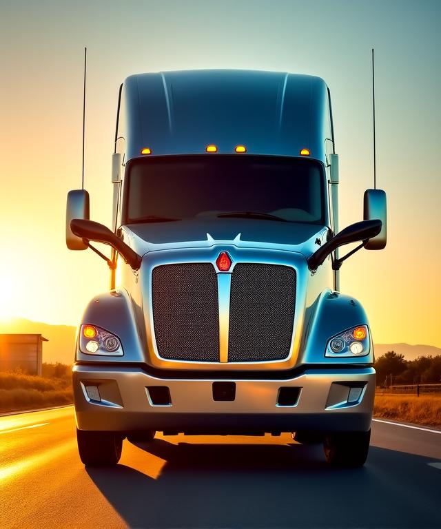 A high-performance freight truck at sunset
