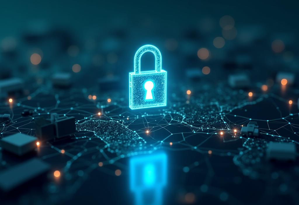 Secure digital lock over 3D rendered logistics grid